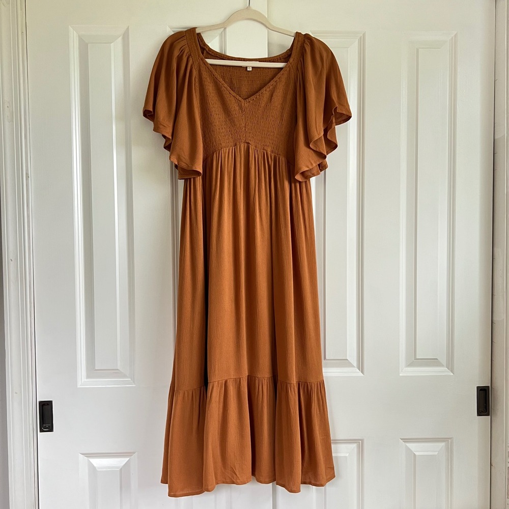 In Loom Terracotta Smocked Flutter Sleeve Tiered Boho Prairie Midi Dress Size L